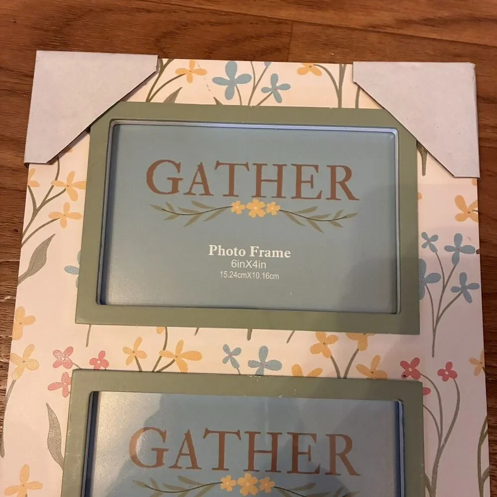 Gather Floral Double Frame Holds Two 6”x4” Photos. Green Trim. 8.5x11” Frame New